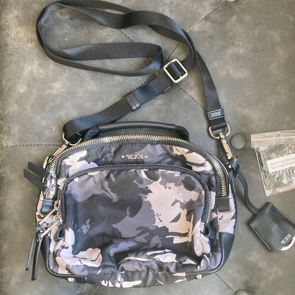 Tumi Black and Gray Camouflage Crossbody Bag